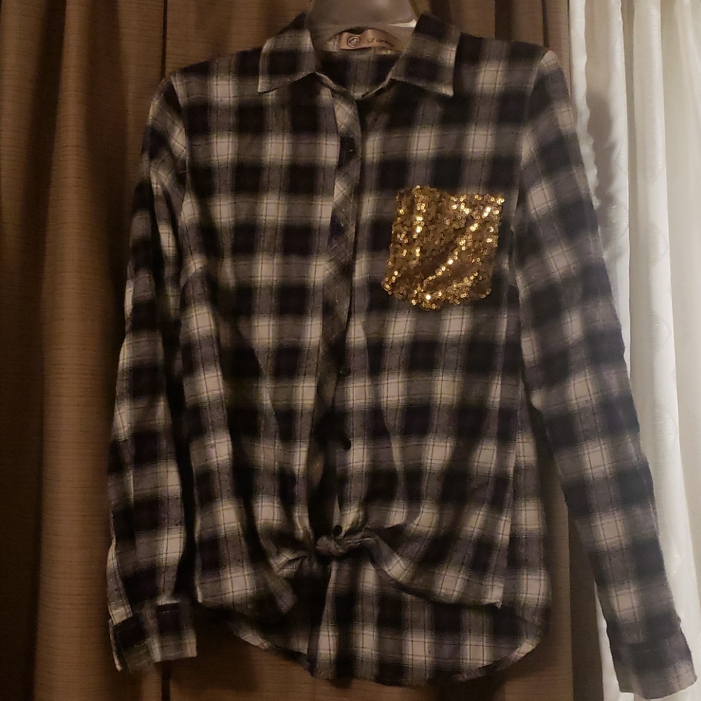 Flannel gold glitter size large purple black shirt